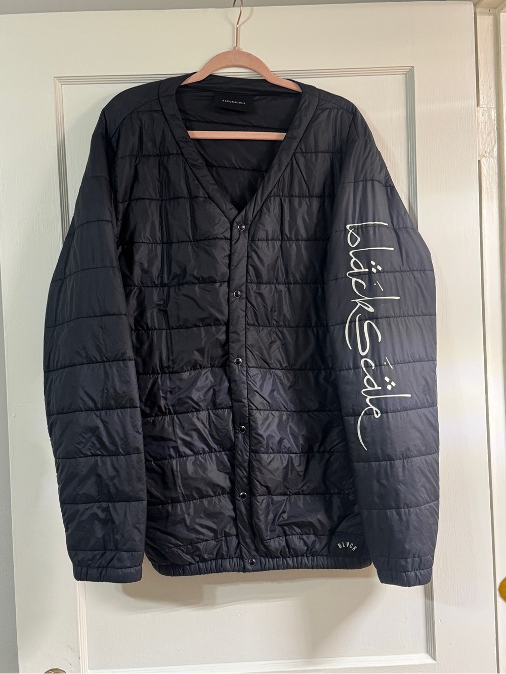 Black Scale Black Quilted Puffer Jacket with White Sleeve Script